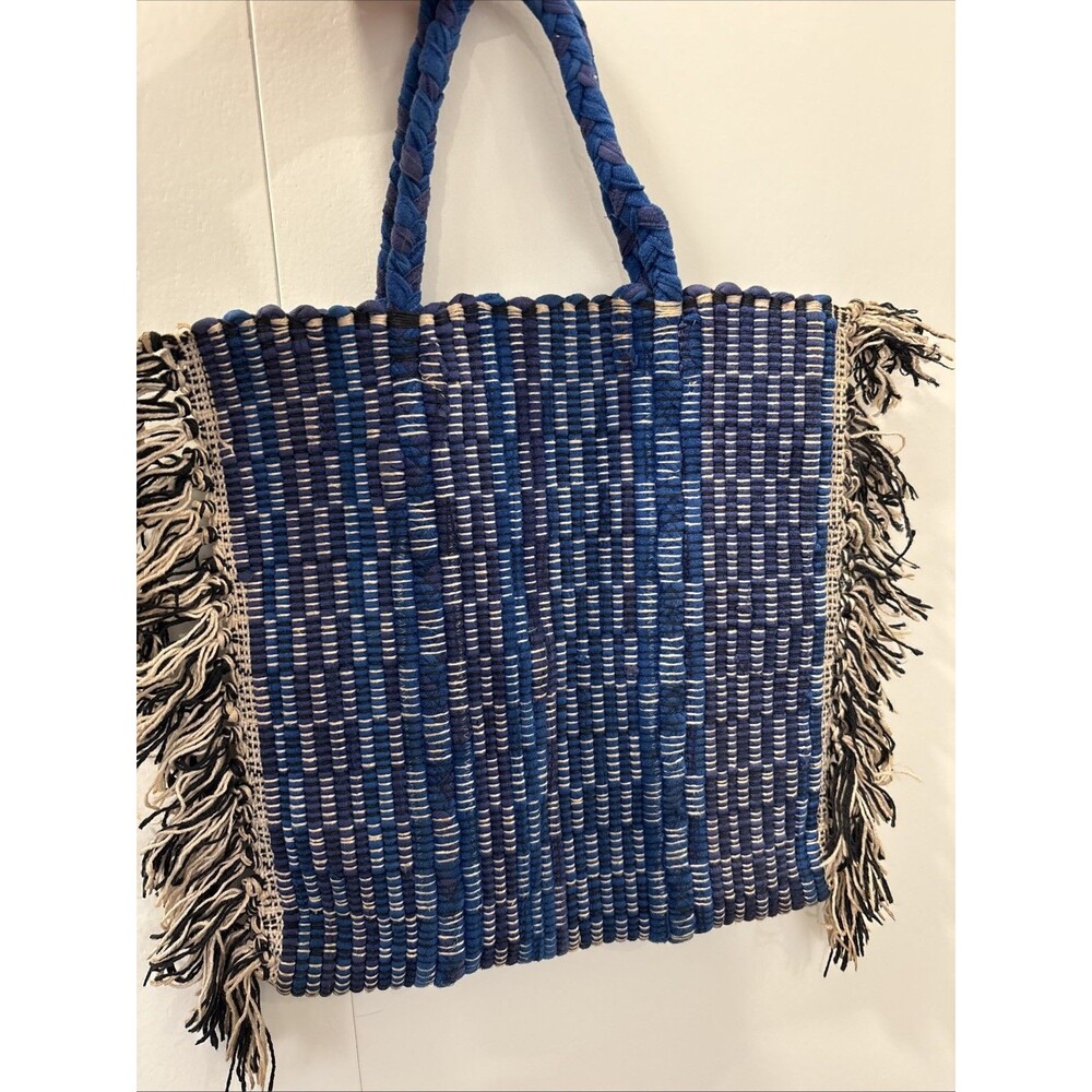 Boho Rag Rug Tote Bag Purse, Blues, Fringed